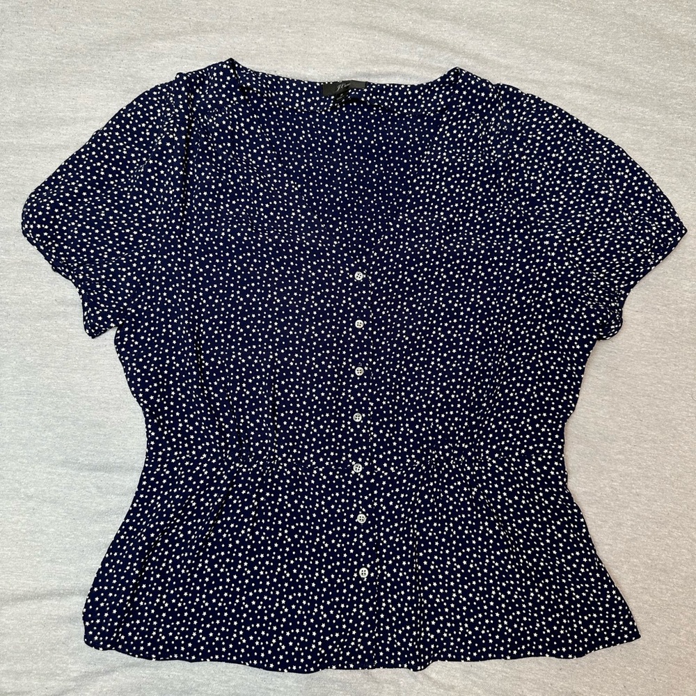 ~EUC~ J. Crew Navy Star Print V-Neck Peplum Blouse - Picture 2 of 8
